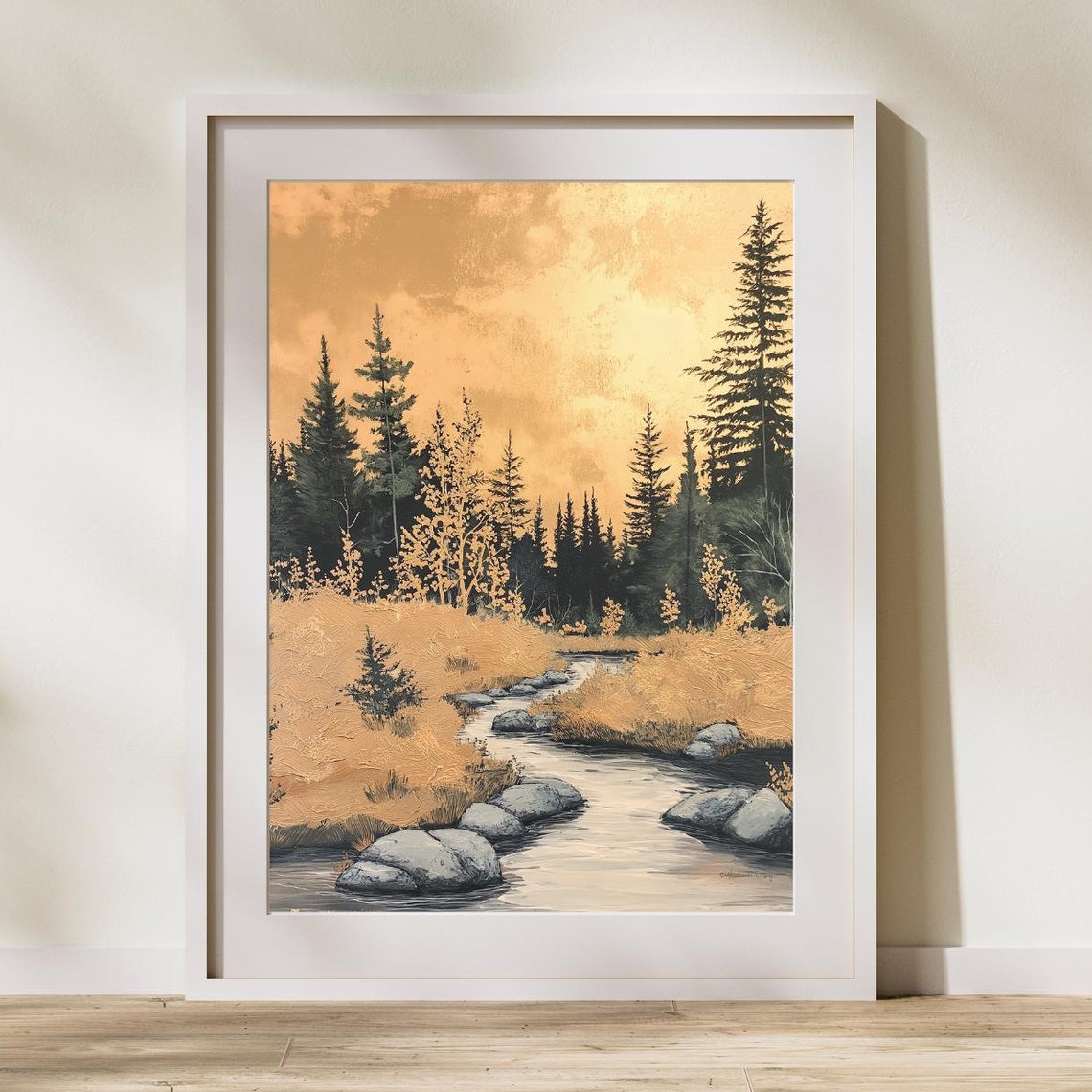 Golden Autumn River Forest Meadow Pine Trees Landscape Painting Poster