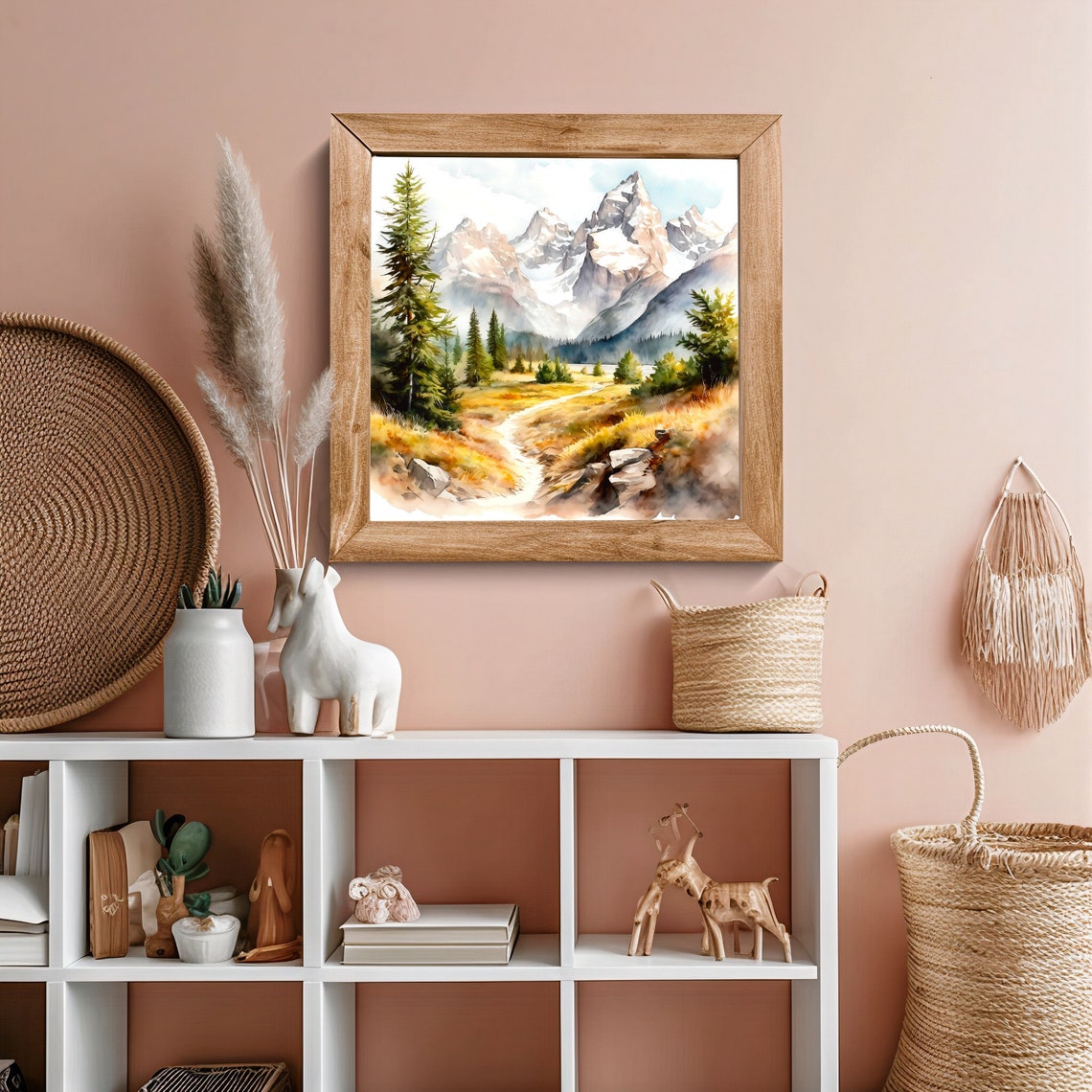 Snowy Jagged Mountain Peaks Pine Forest Meadow Watercolor Poster - Image 5