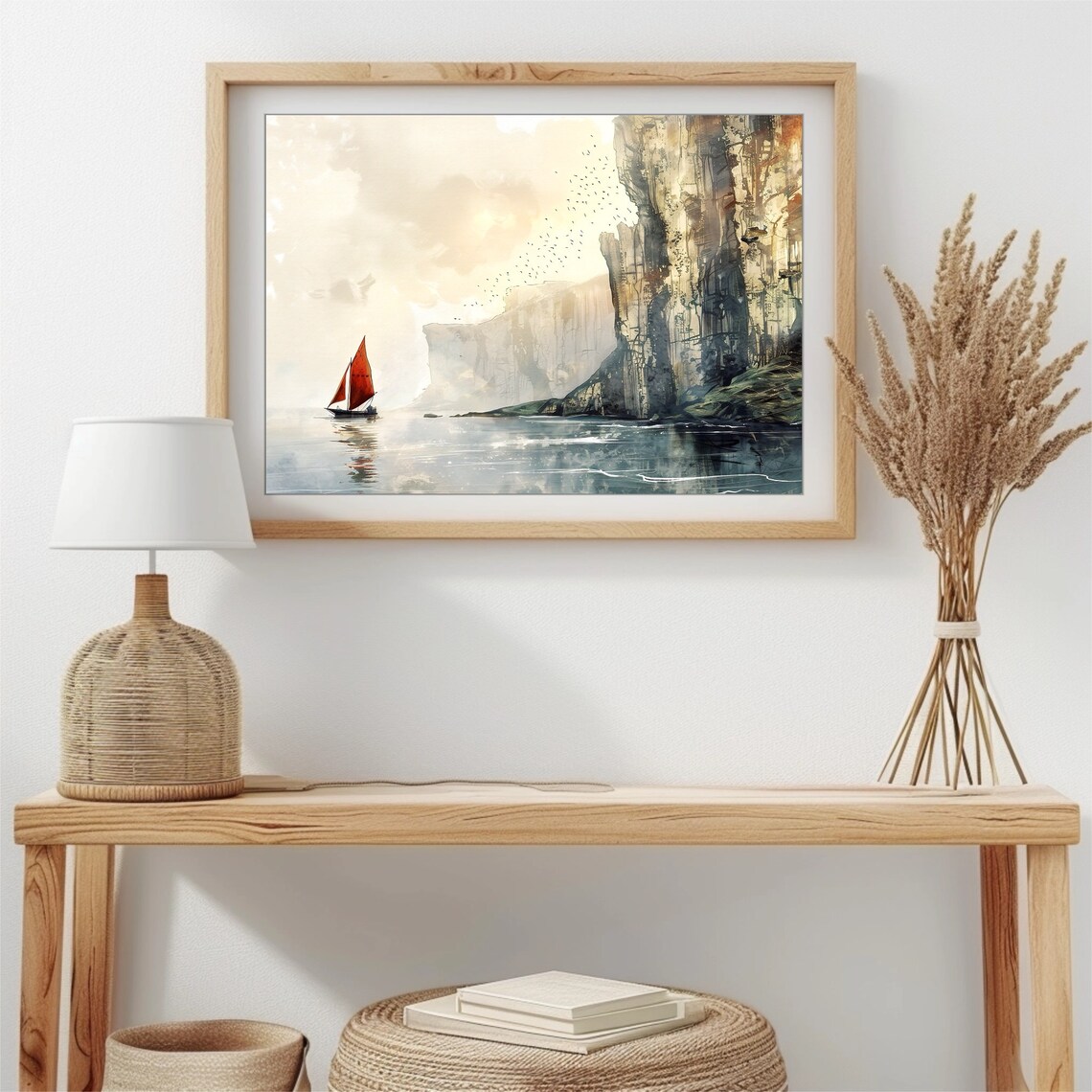 Red Sail Boat Watercolor with Tall Cliffs Birds and Calm Sea Poster - Image 4