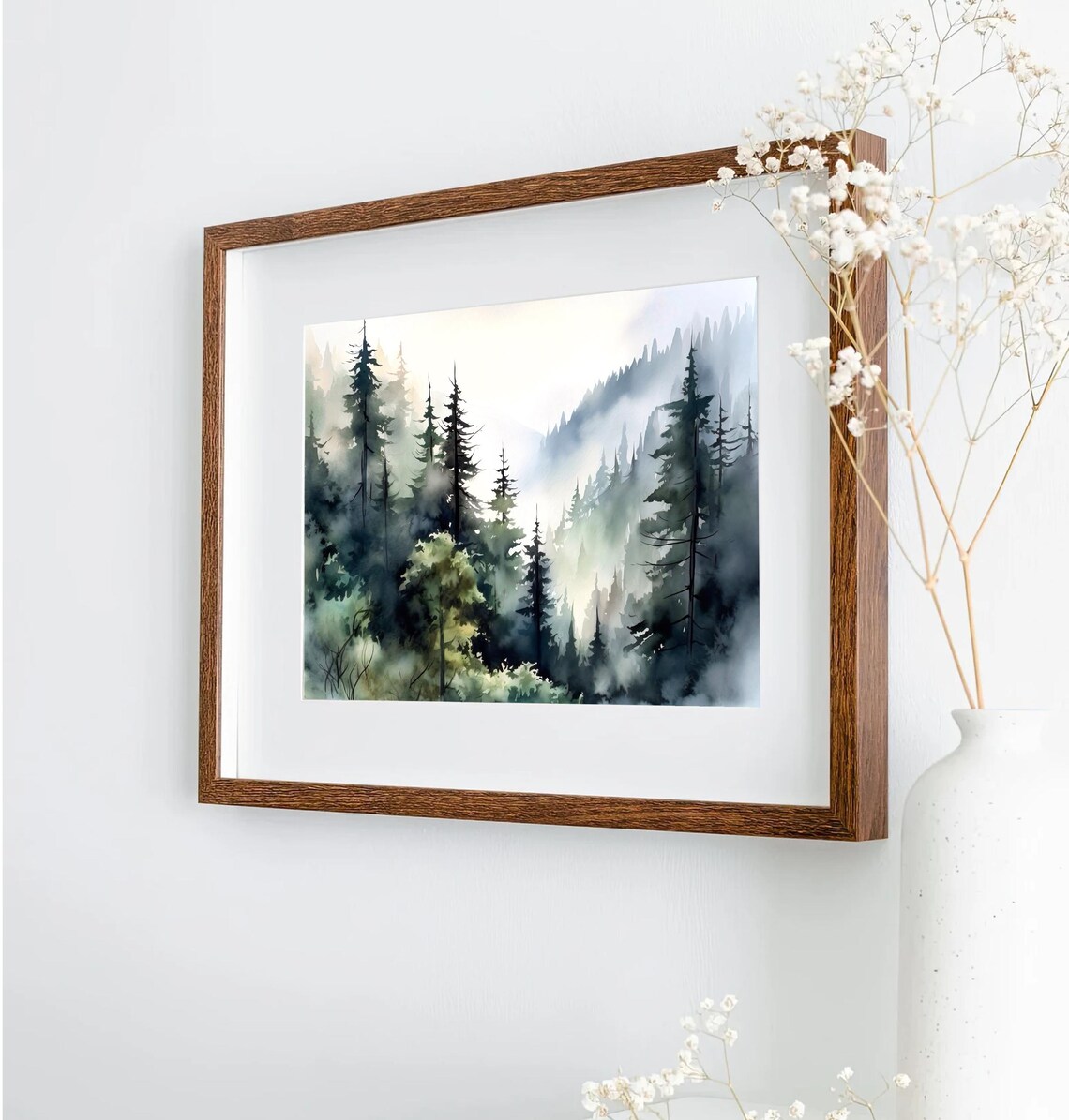 Misty Evergreen Mountainside Forest Hills Watercolor Landscape Print - Image 5