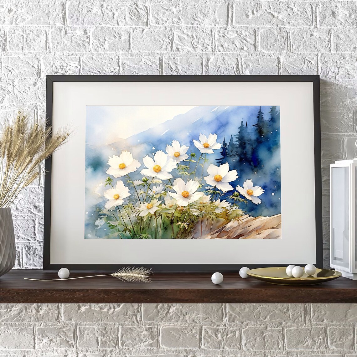White Wildflowers Blue Mountain Meadow Watercolor Floral Poster - Image 4