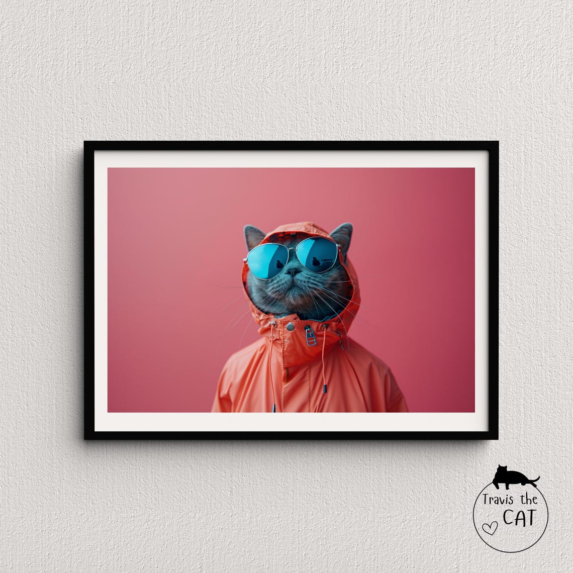 Cool Grey Cat in Orange Rain Jacket and Aviator Sunglasses Pink Poster