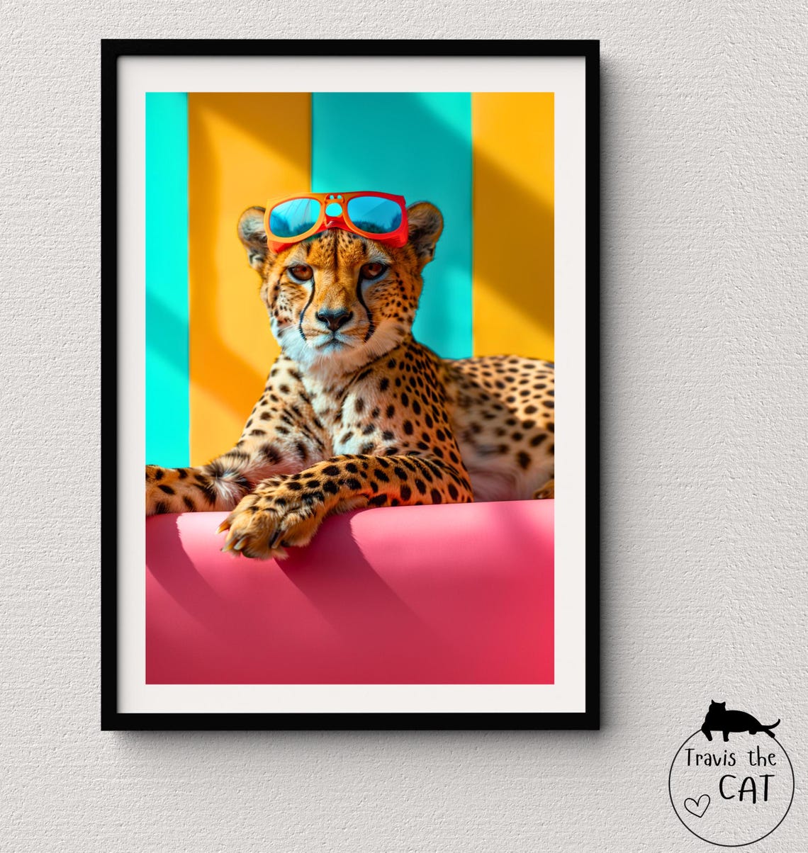 Cheetah Lounging with Orange Sunglasses Bold Color Block Fun Poster