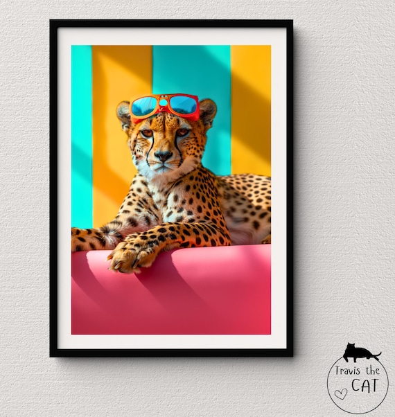 Cheetah Lounging with Orange Sunglasses Bold Color Block Fun Poster