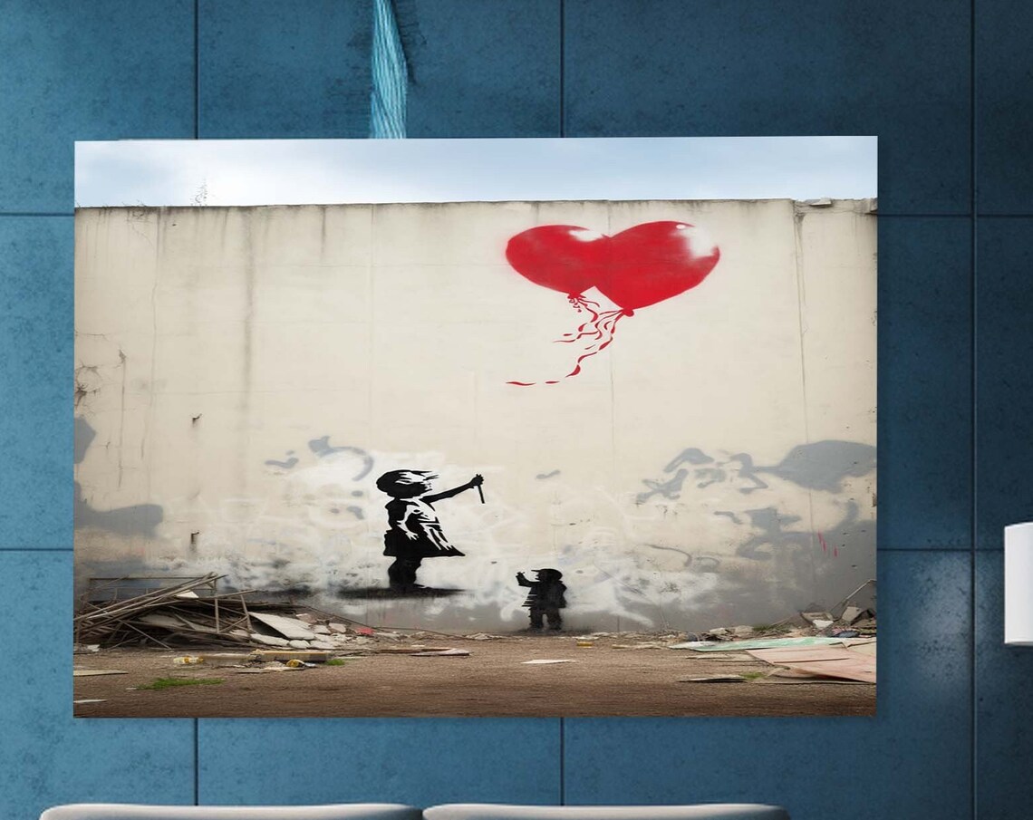 Girl with Red Heart Balloon Street Art Stencil Graffiti Wall Art