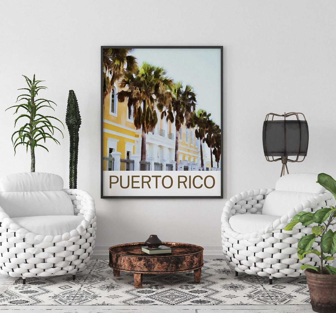 Puerto Rico Palm Lined Yellow Colonial Building Facade Travel Poster - Image 2