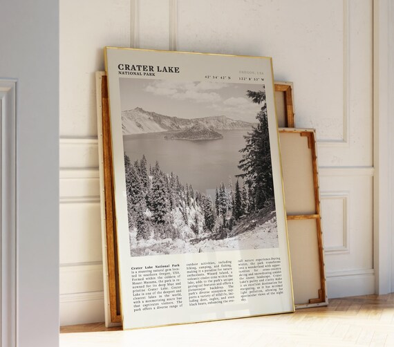 Crater Lake National Park Oregon Volcano Lake Black and White Poster