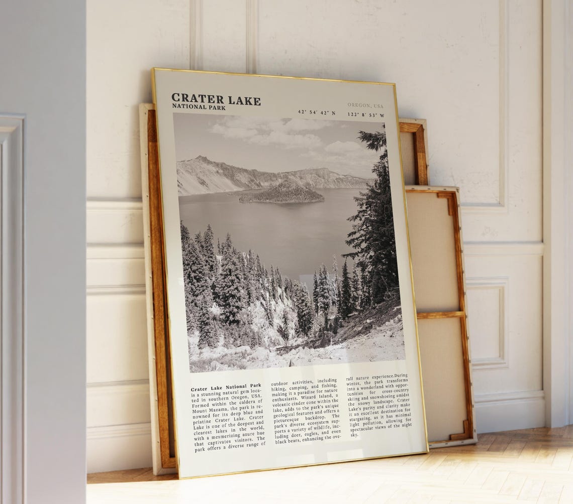 Crater Lake National Park Oregon Volcano Lake Black and White Poster