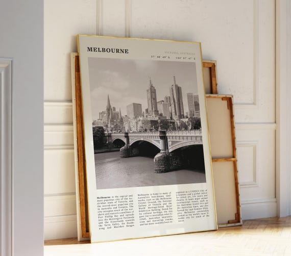 Melbourne Travel Poster Black White Australia Print Vintage Cityscape Wall Art Minimalist Decor