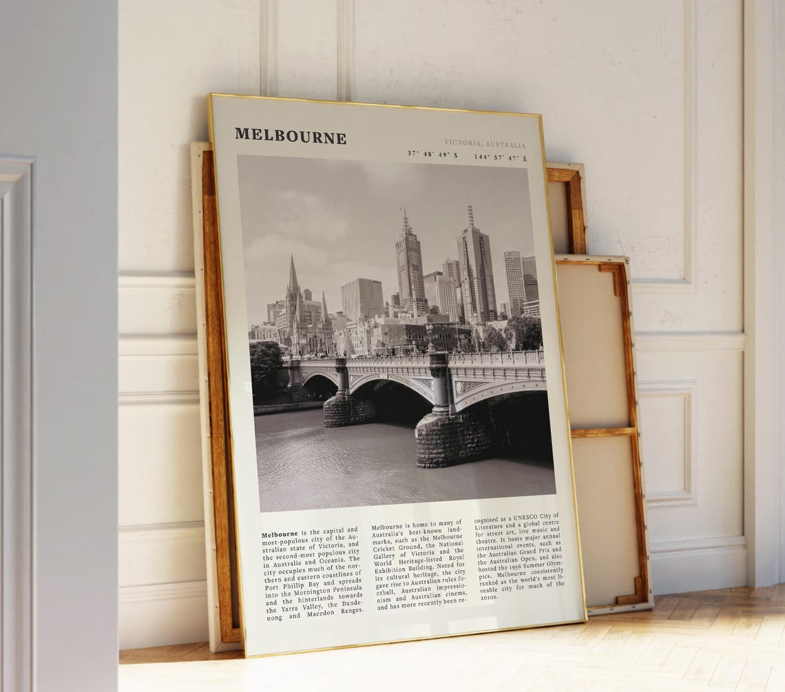Melbourne Australia Black and White City Skyline Bridge Travel Poster