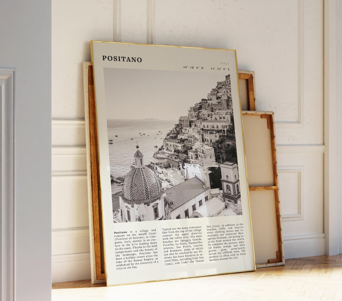 Positano Black White Travel Poster, Amalfi Coast
