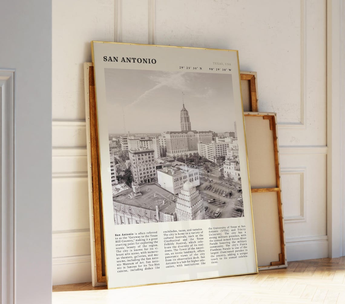 San Antonio Texas Black White Poster Vintage Usa City Wall Art Print Idea For Lovers