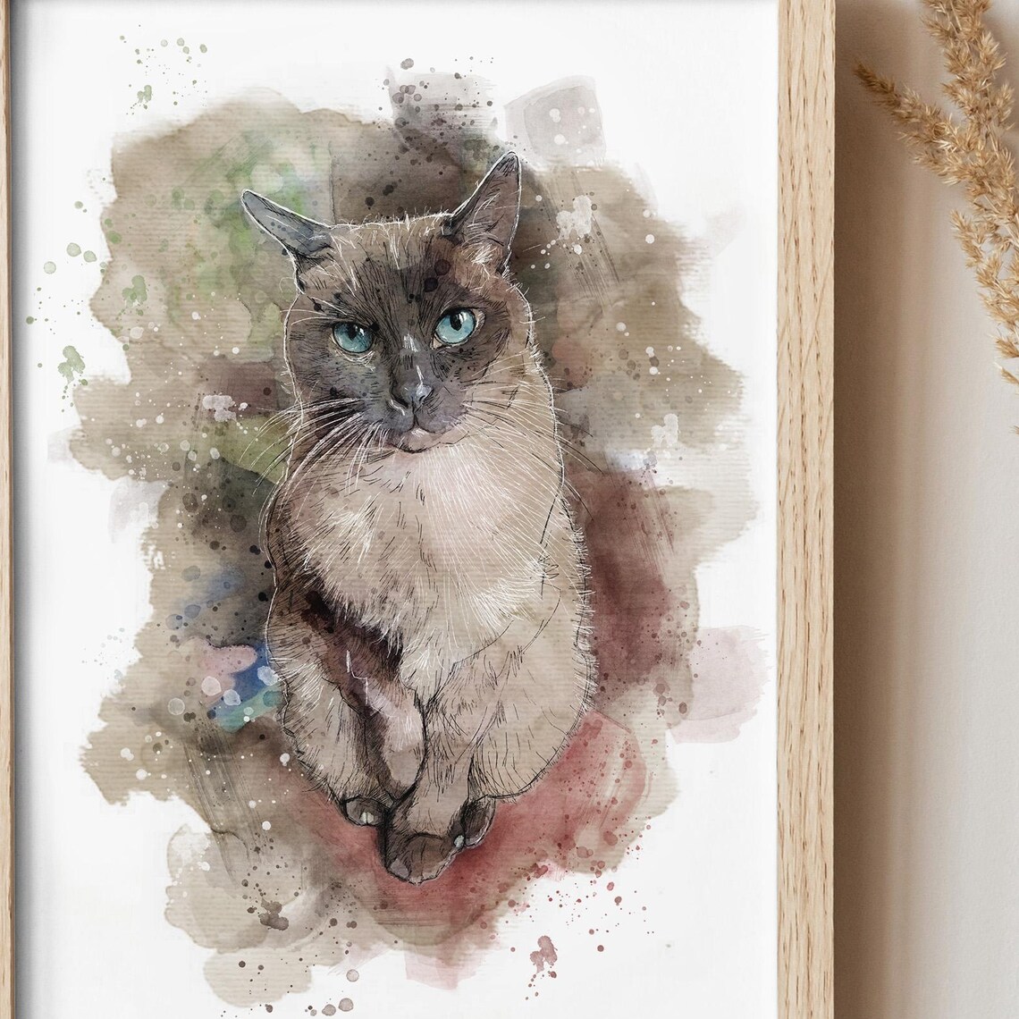 Colorpoint Blue Eyed Cat Watercolor Portrait Striking Feline Art Print