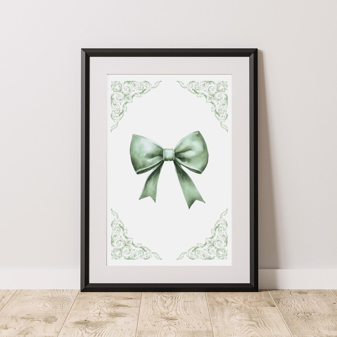 Sage Green Watercolor Ribbon Bow With Baroque Corner Flourish Poster - Image 4