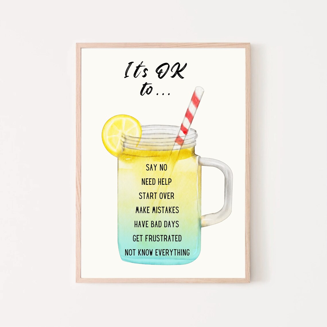 Its OK To Lemonade Mason Jar Self Compassion Mental Health Poster