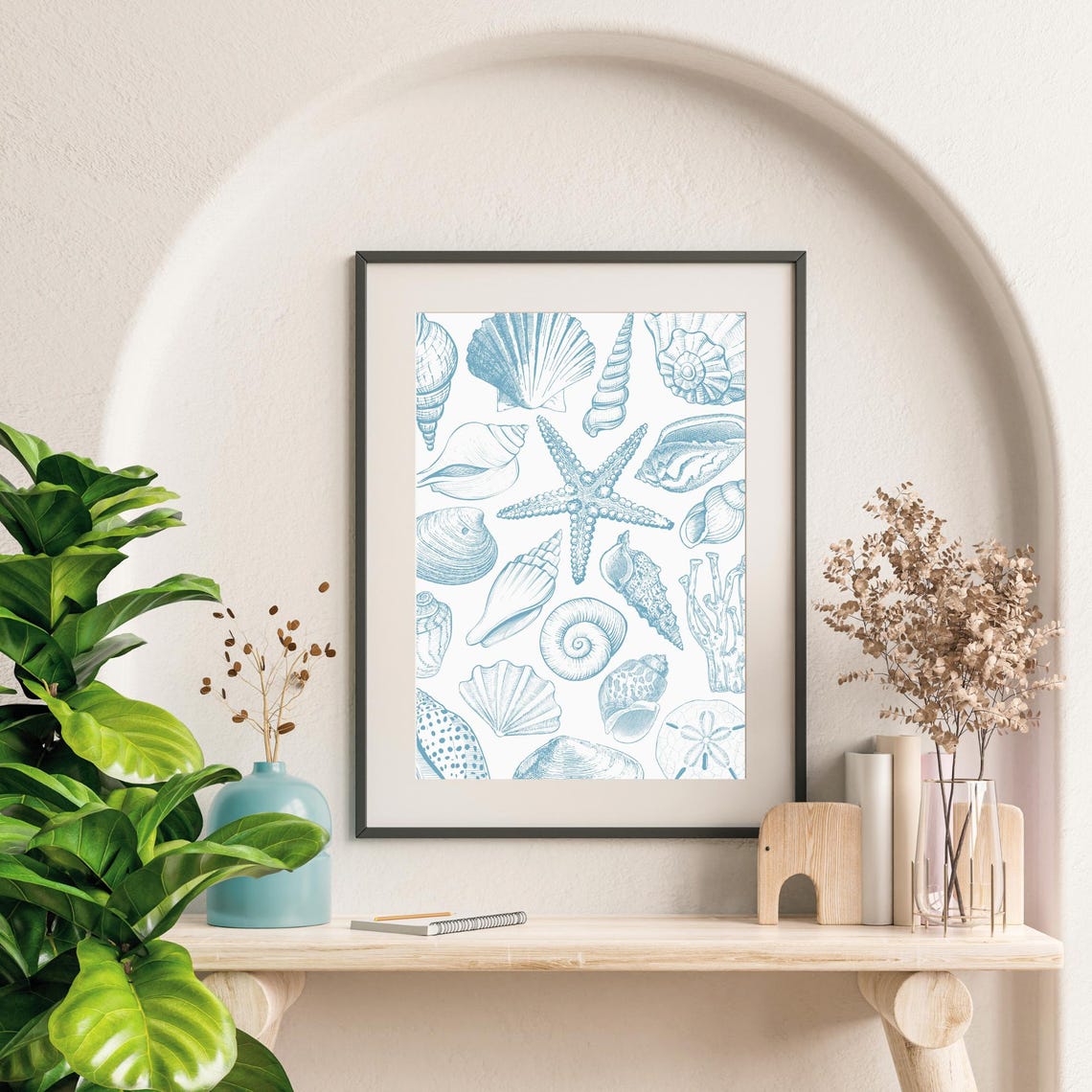 Blue Line Art Seashells Starfish Coral Vintage Coastal Beach Poster - Image 2