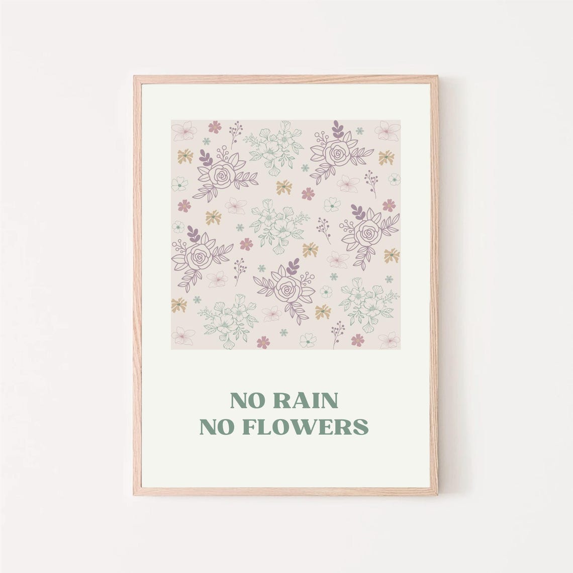 No Rain No Flowers Quote Pastel Floral Line Art Inspirational Poster