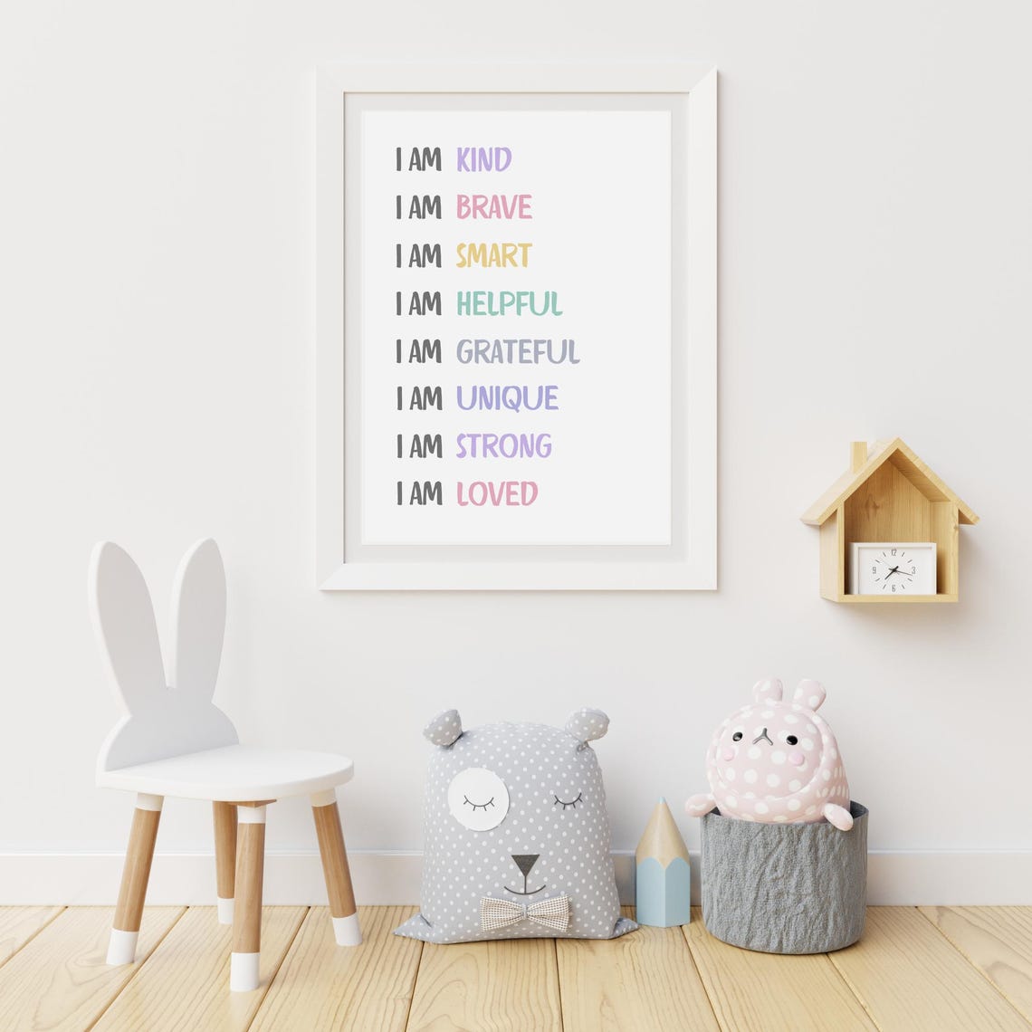 Girls Positive Affirmations I Am Poster Kids Playroom Sign Inspirational Motivational Quote Play Room Decor Bedroom Wall Art Print - Image 3