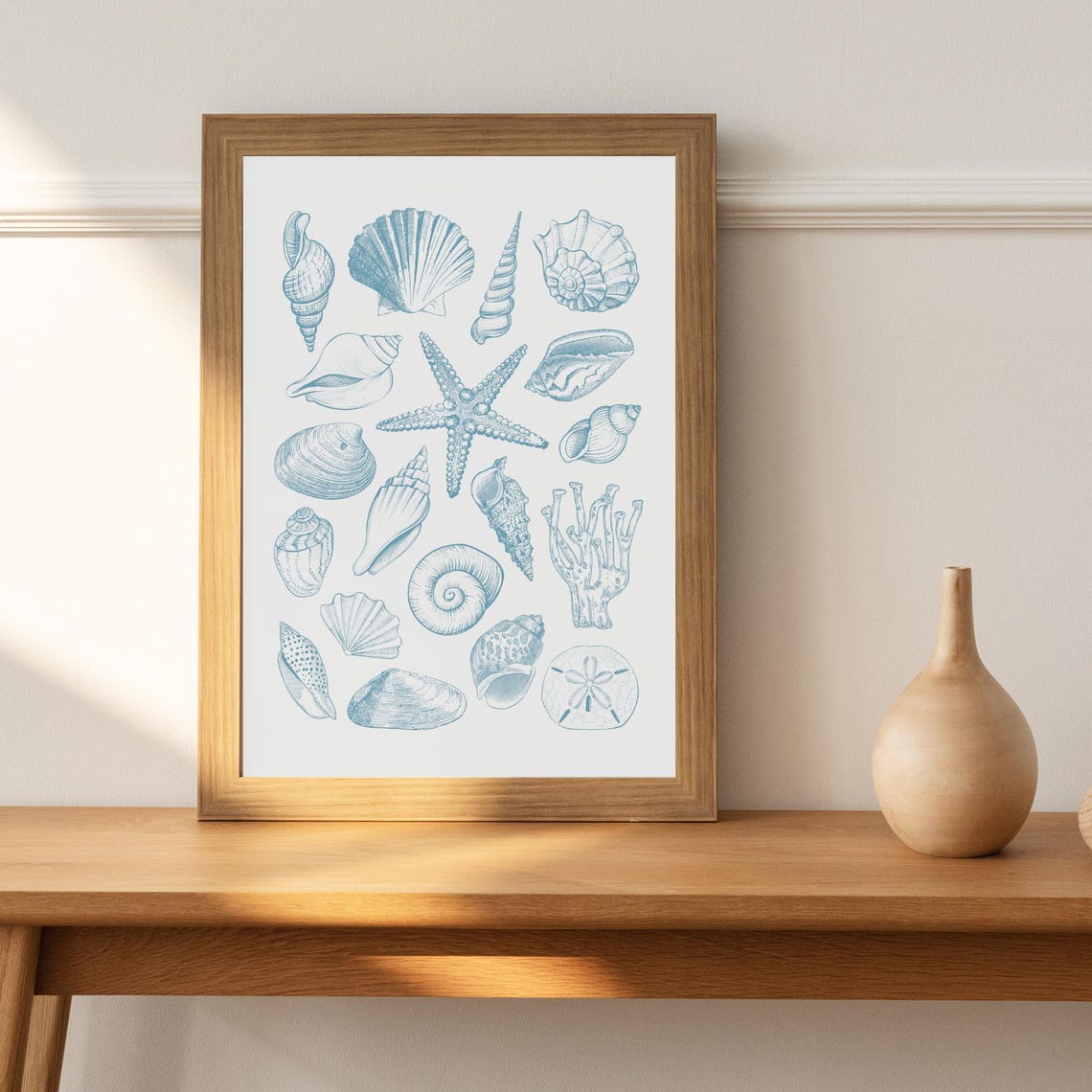 Blue Seashell Line Art Starfish Sand Dollar Coastal Sketch Poster - Image 2