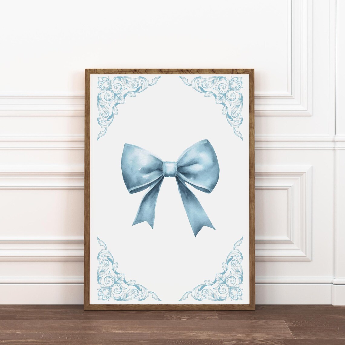Blue Watercolor Ribbon Bow With Baroque Corner Flourish Art Poster - Image 4