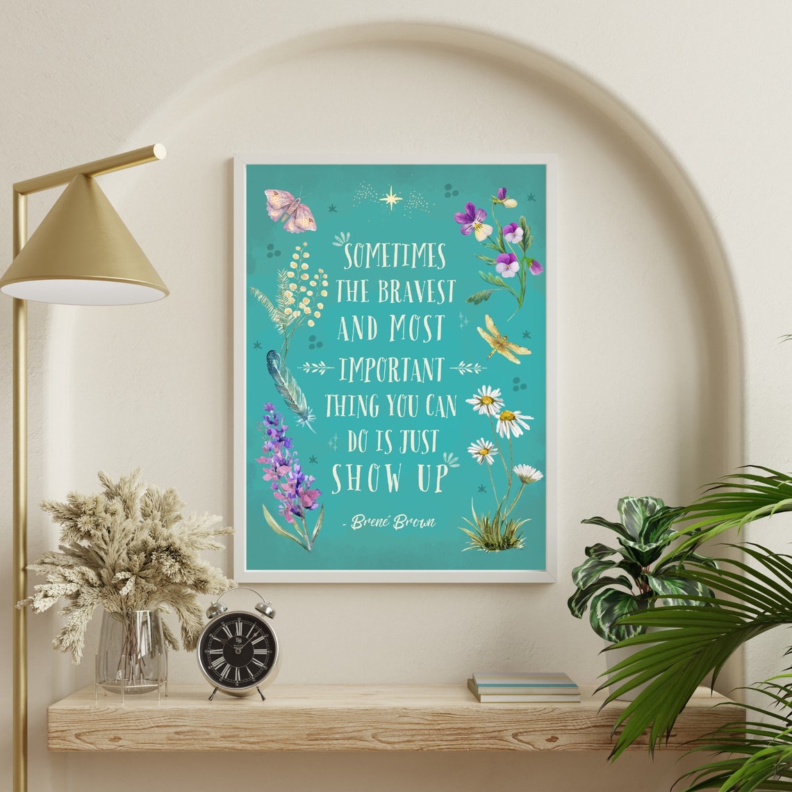 Brene Brown Just Show Up Quote Teal Floral Botanical Wall Poster - Image 5