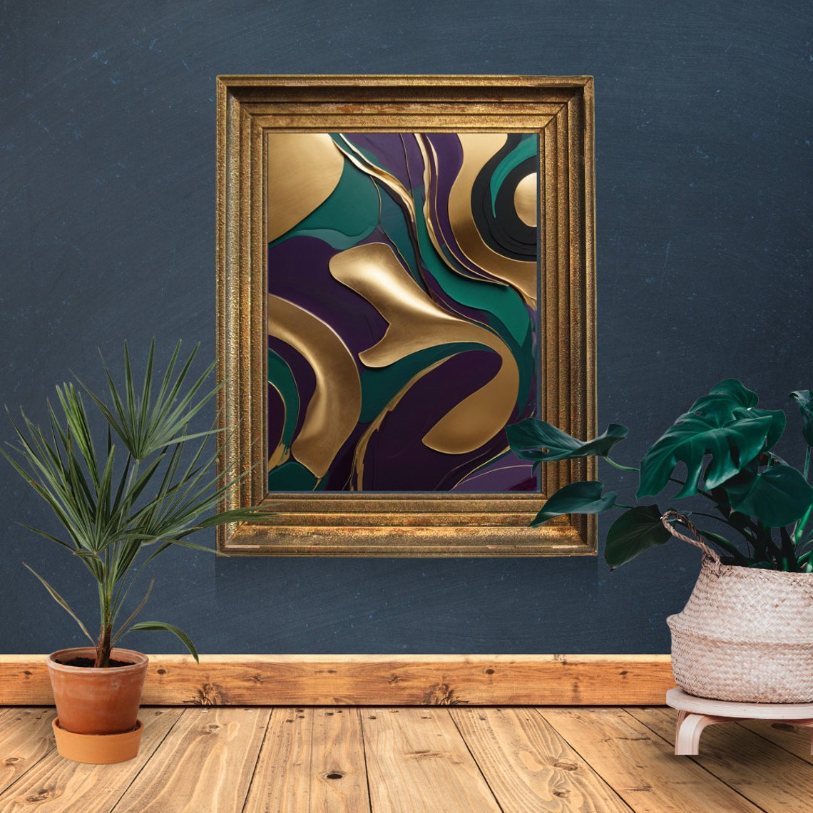 Gold Teal Purple Abstract Swirls Modern Metallic Fluid Art Poster - Image 2