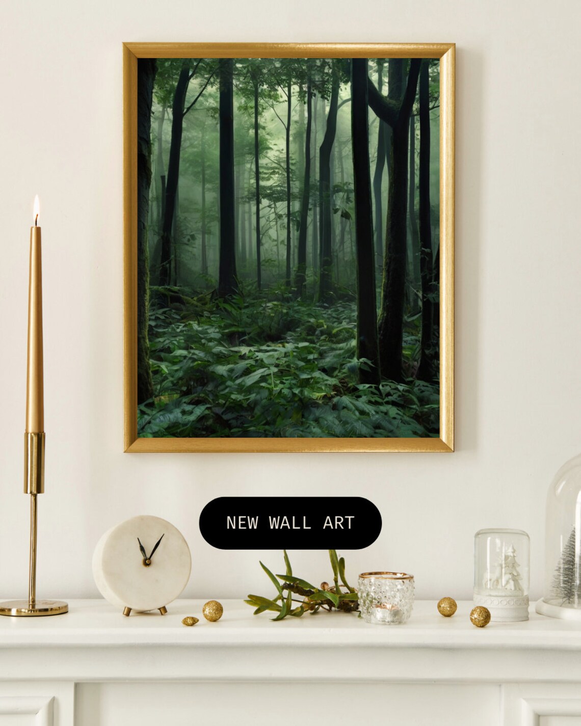 Misty Dark Green Forest Tall Trees Moody Nature Landscape Art Poster - Image 2