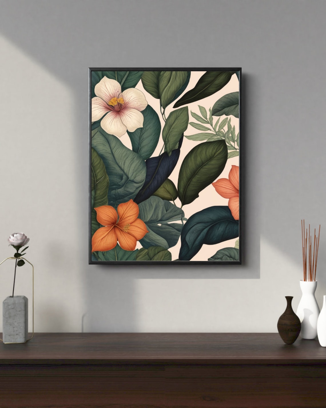 Tropical Green Leaves Orange Hibiscus Botanical Floral Art Poster - Image 2
