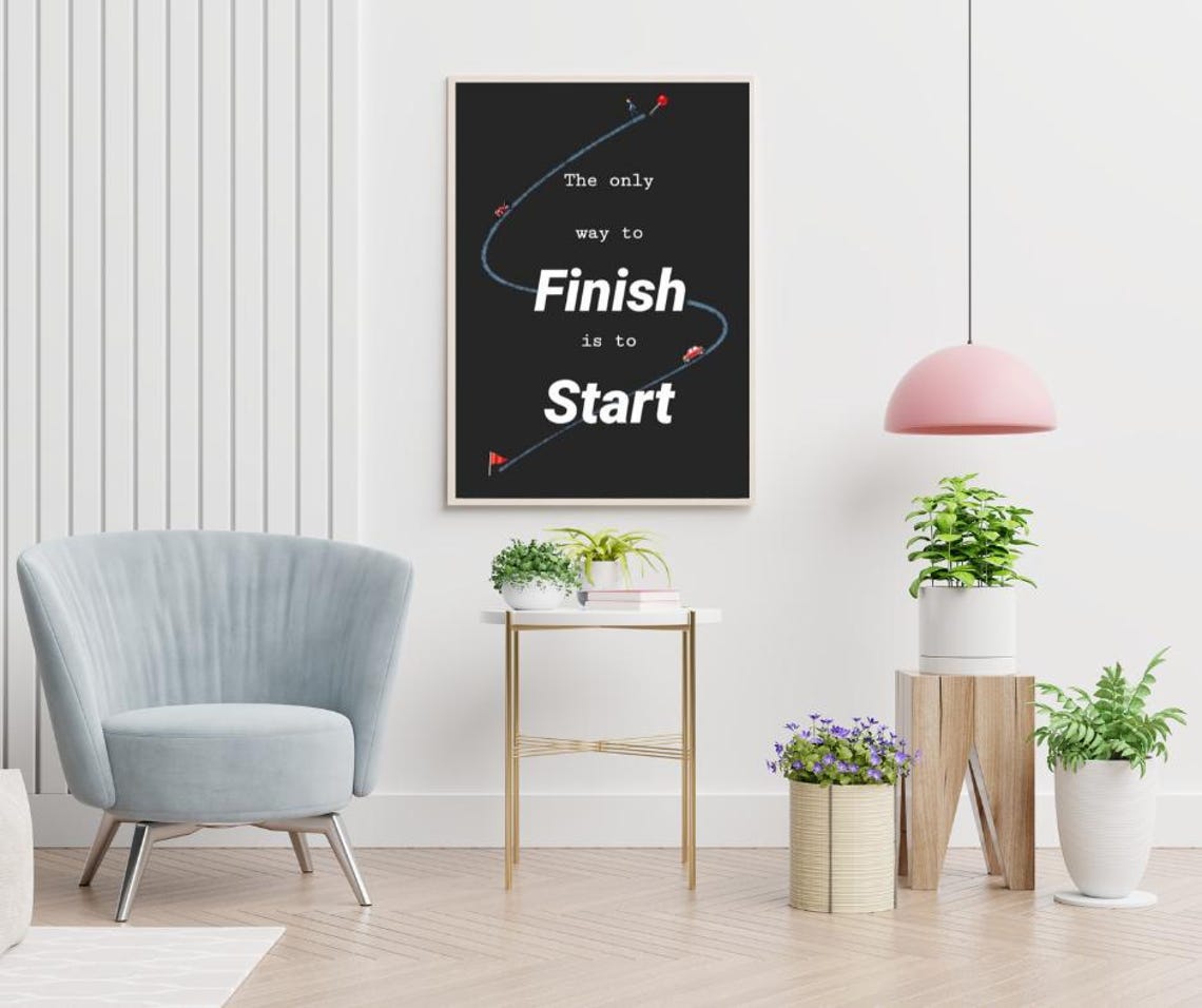 The Only Way to Finish Is to Start Quote Trail Marker Minimal Poster - Image 2