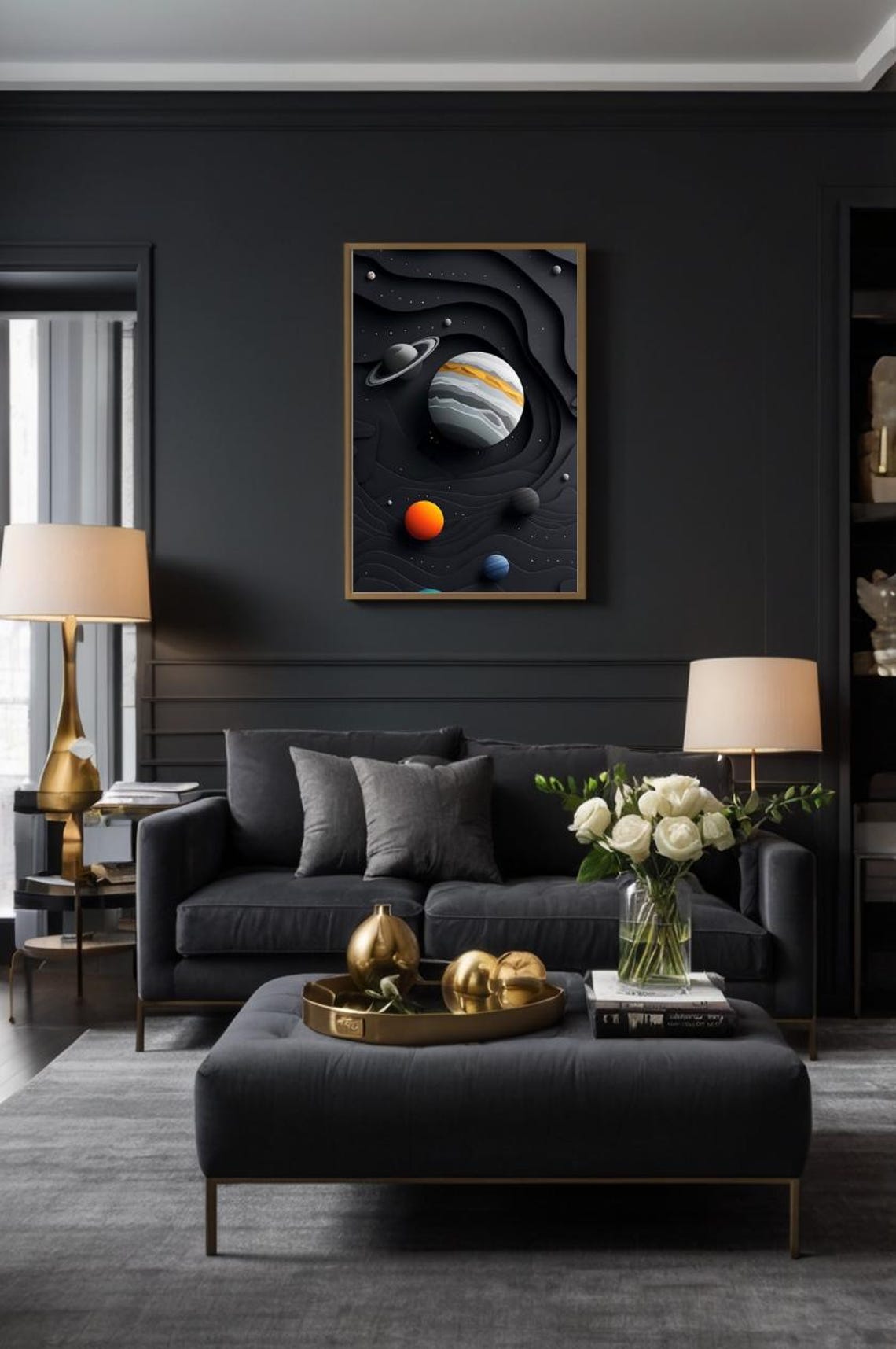 Layered Paper Cut Solar System Planets on Black Space Wall Art