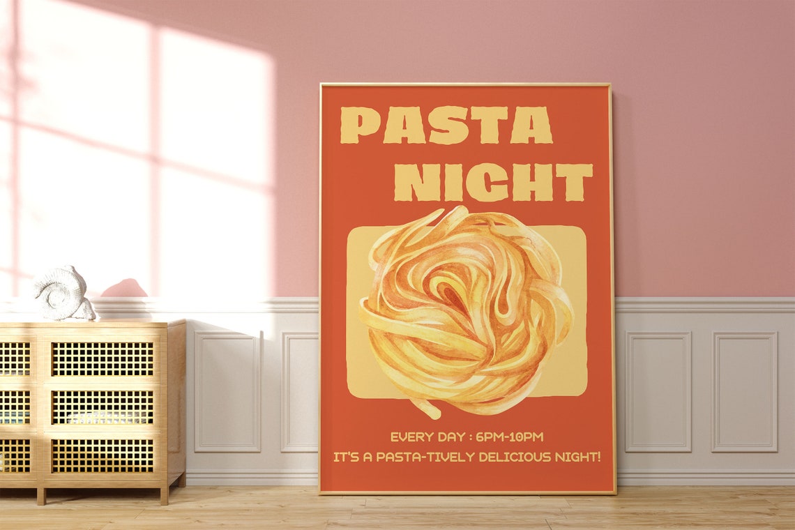 Pasta Night Retro Spaghetti Orange Kitchen Typography Poster