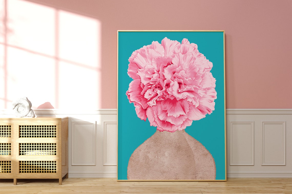 Pink Peony Bloom in Stone Vase on Teal Background Maximalist Poster