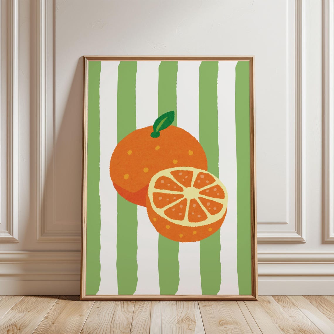 Juicy Orange Fruit On Green And White Striped Kitchen Art Poster
