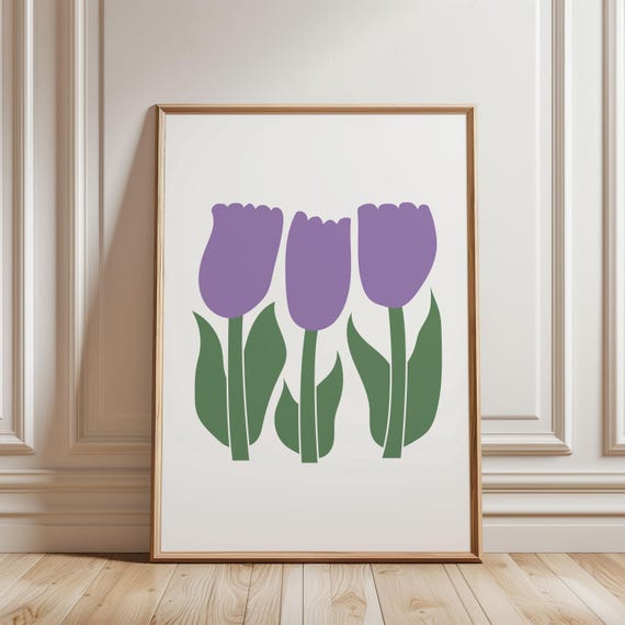 Cute Purple Green Flower Nursery Wall Art Print Hand Drawn Botanical Tulips Illustration Colorful Wavy Floral Decor For Kids Room