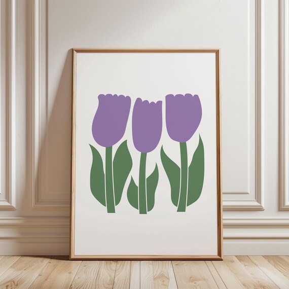 Three Purple Tulips Green Stems Minimalist Nursery Floral Kids Wall Art