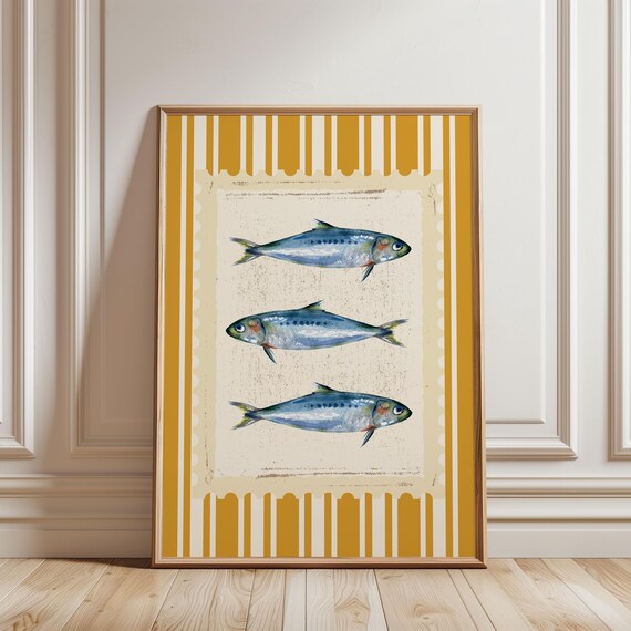 Sardines Wall Art Print Coastal Kitchen Decor Nautical Fish Poster Vintage Yellow Fishermans