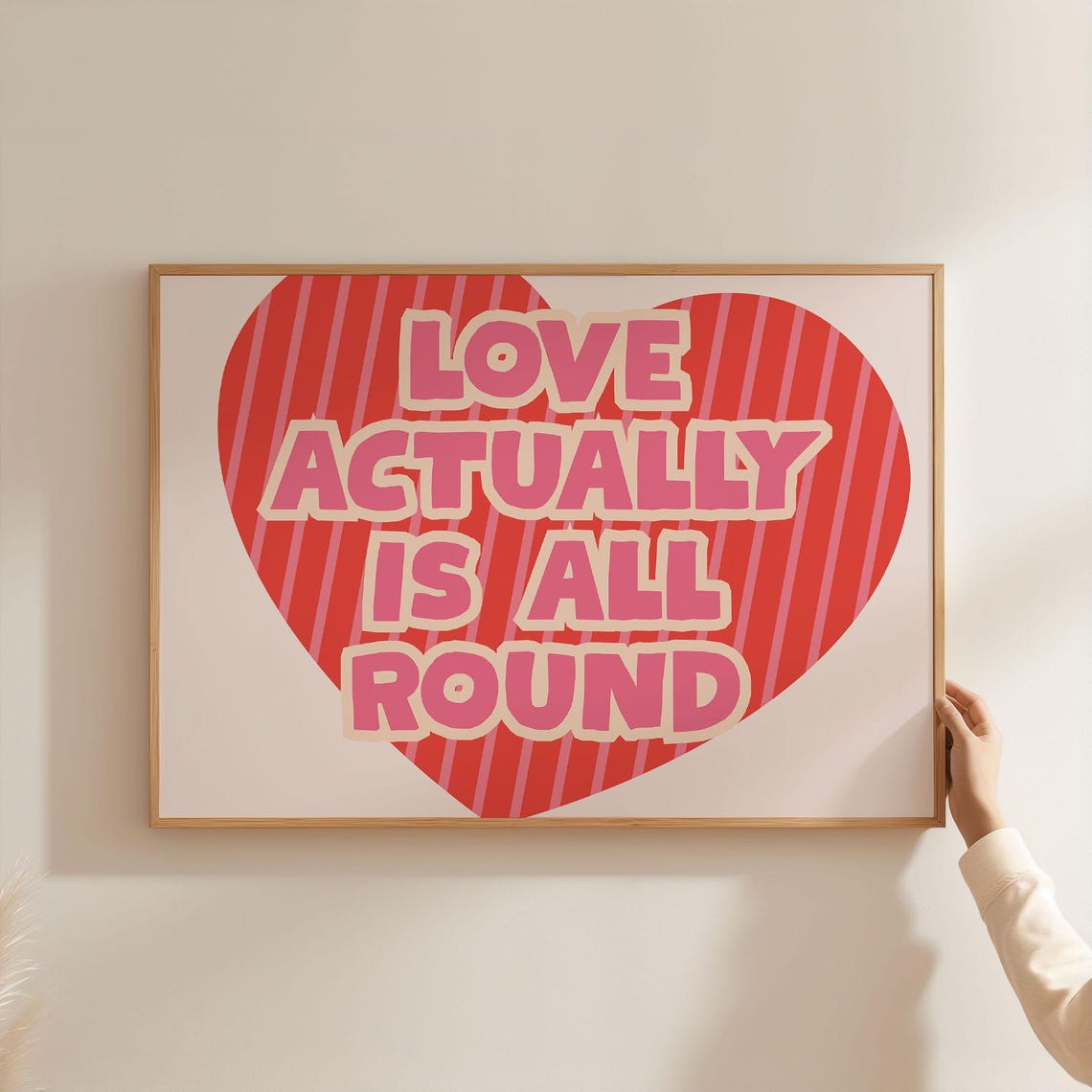 Love Actually Is All Round Retro Red Heart Stripe Typography Poster