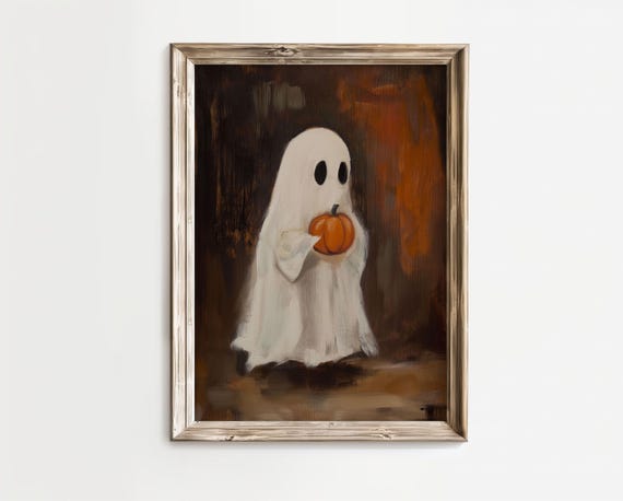 Cute Ghost Holding Pumpkin Vintage Halloween Spooky Art Poster