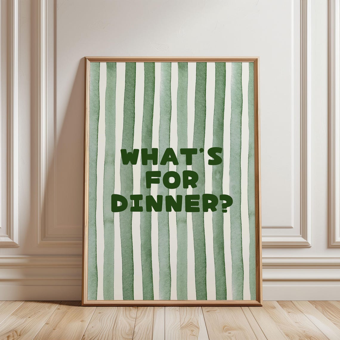 What Is For Dinner Watercolor Striped Sage Green Kitchen Art Poster