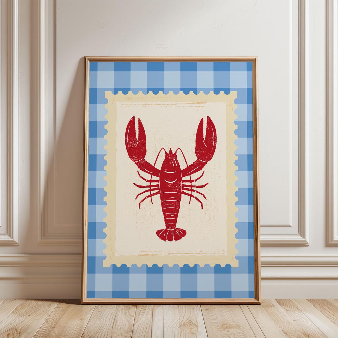 Red Lobster Postage Stamp Art on Blue Gingham Kitchen Poster