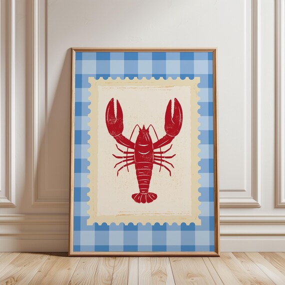 Lobster Sea Life Ocean Seafood Stripe Kitchen Maximalist Colourful Retro Wall In Blue Redcheckered Pattern Printstrendy Art Print