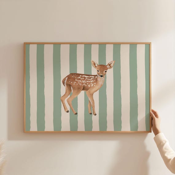 Baby Deer Fawn Nursery Print Cute Animal Art Poster Landscape Saga Green Stripe Line Pattern For Kids Home Room