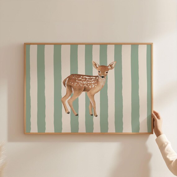 Sweet Baby Deer Fawn Nursery Sage Green Stripes Animal Poster