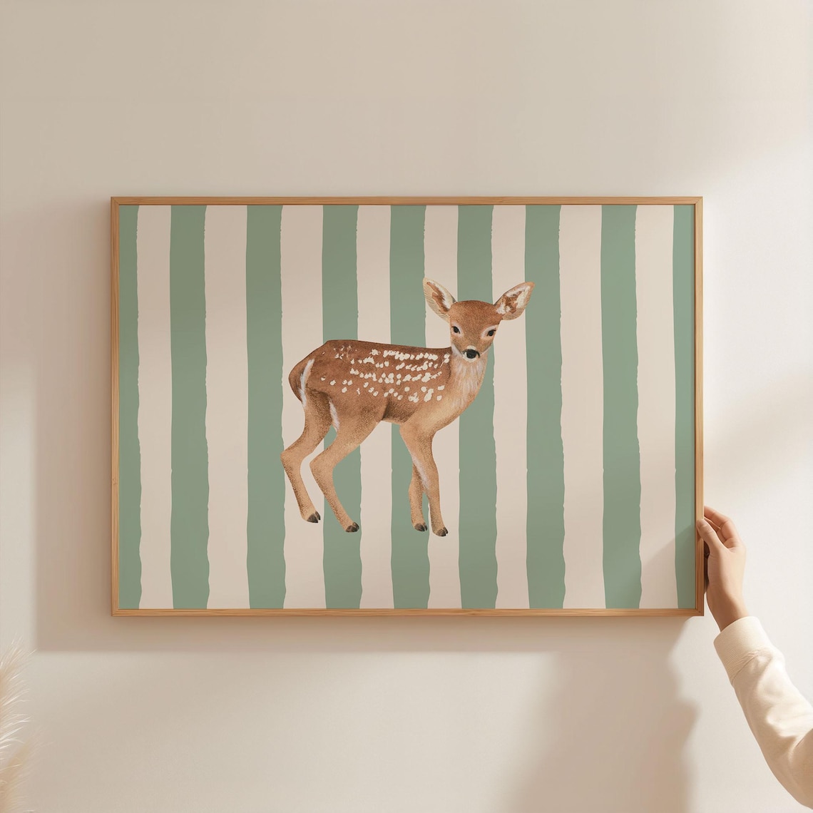 Sweet Baby Deer Fawn Nursery Sage Green Stripes Animal Poster