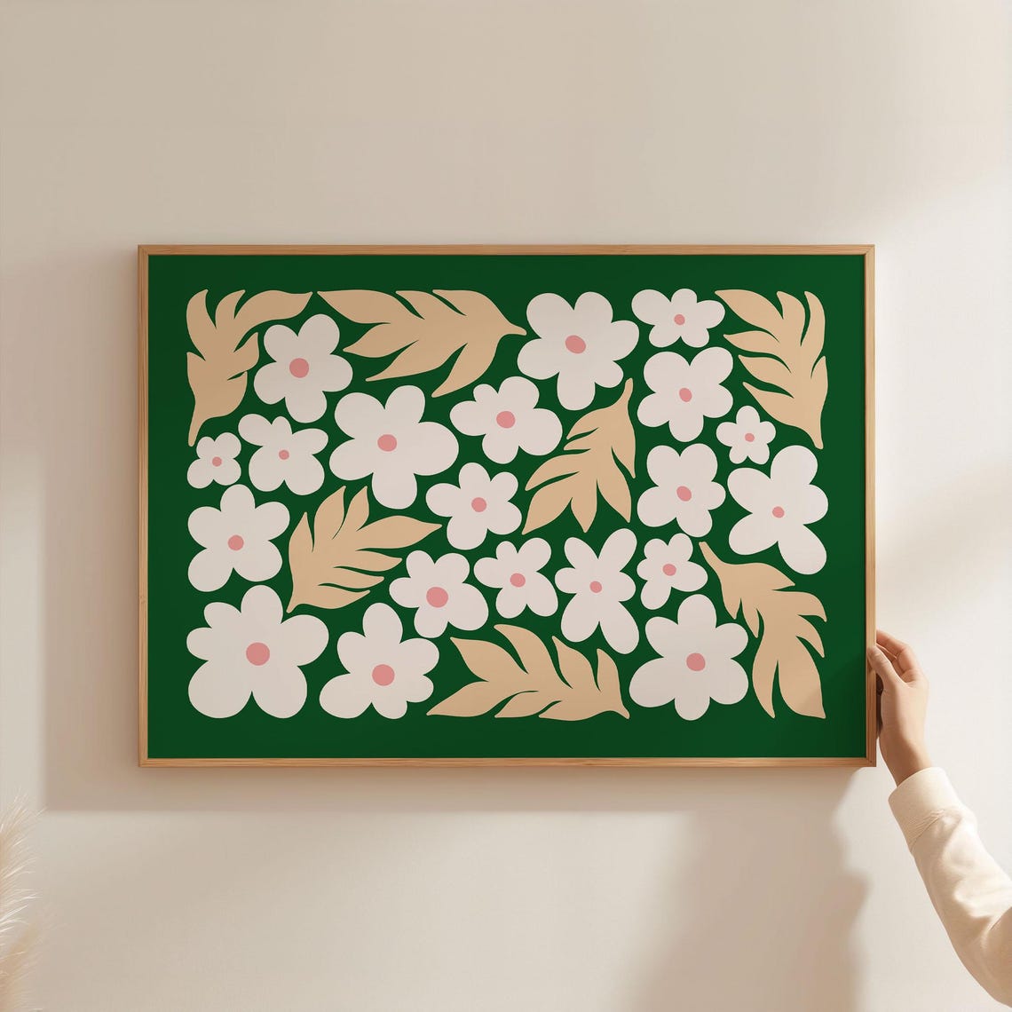 White Daisy Flowers Green Retro Botanical Pattern Art Poster