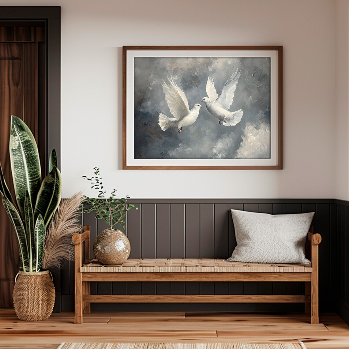Two White Doves in Flight Stormy Sky Symbol of Love and Peace Poster - Image 2
