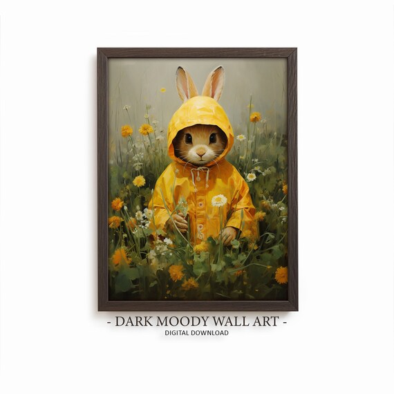 Bunny in Yellow Raincoat Wildflower Meadow Watercolor Spring Poster