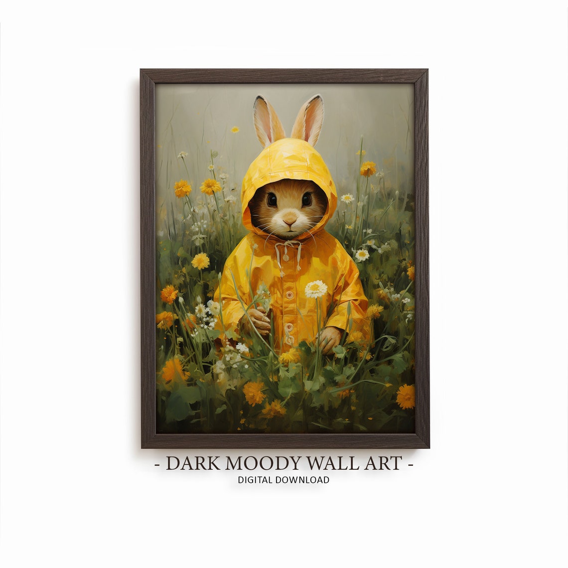 Bunny in Yellow Raincoat Wildflower Meadow Watercolor Spring Poster