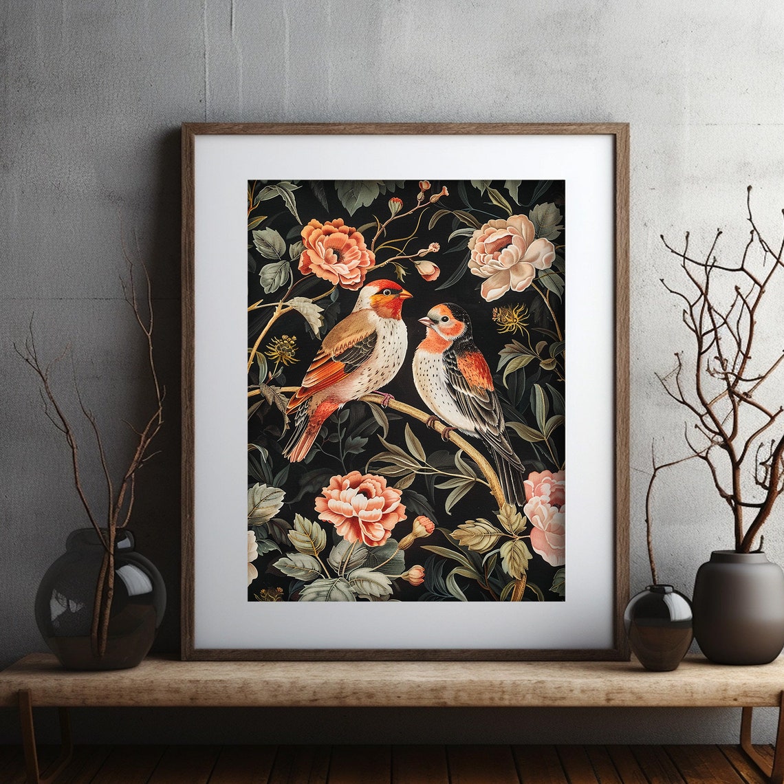 Bird Print Floral Dark Moody Art Botanical William Morris Print Black Background Art - Image 2