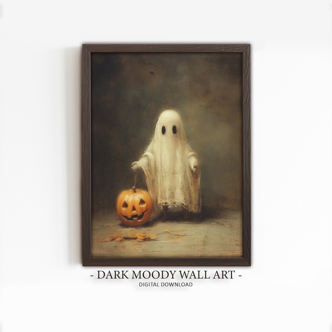 Cute Ghost With Pumpkin, Dark Halloween Art Print